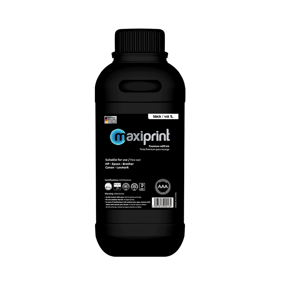 Botella de tinta Maxiprint universal para refill negro 1L
