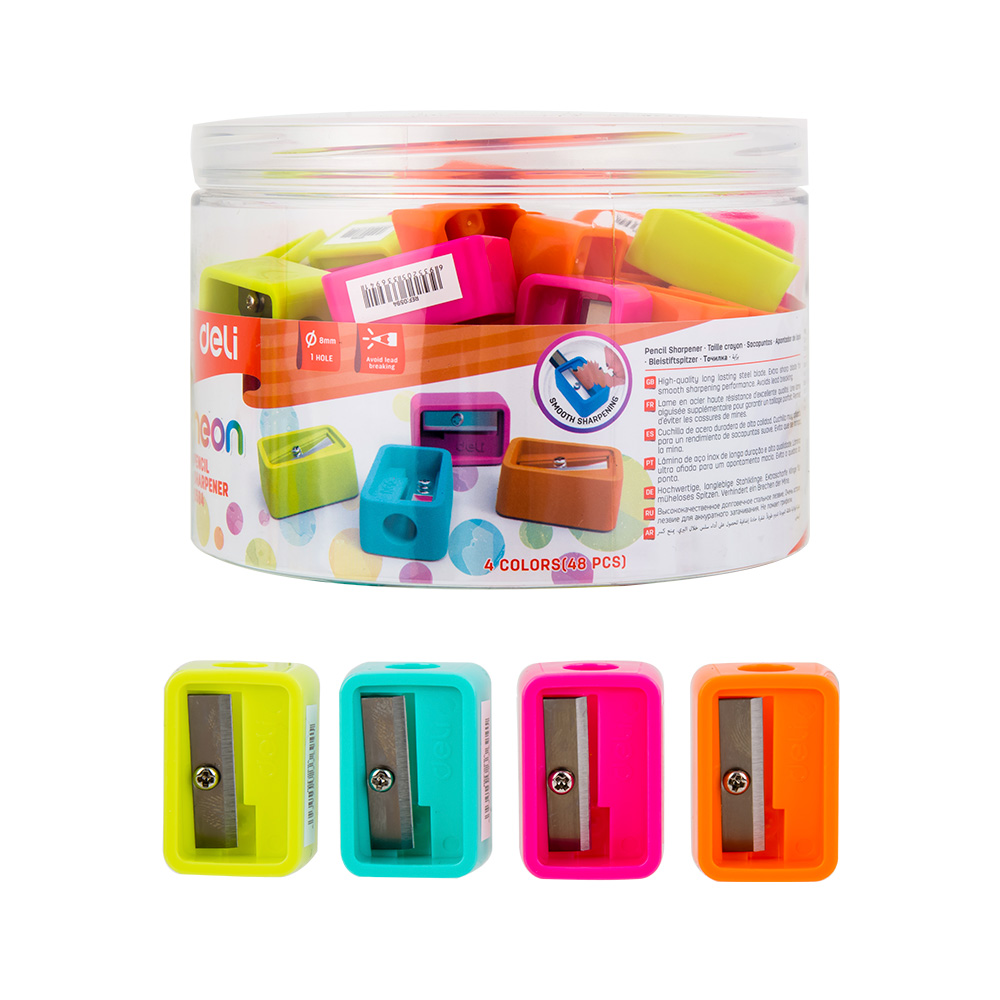 Sacapuntas Plástico 1 hueco Deli 4 colores surtidos Neon  *UMV-1 cilindro de 48und*