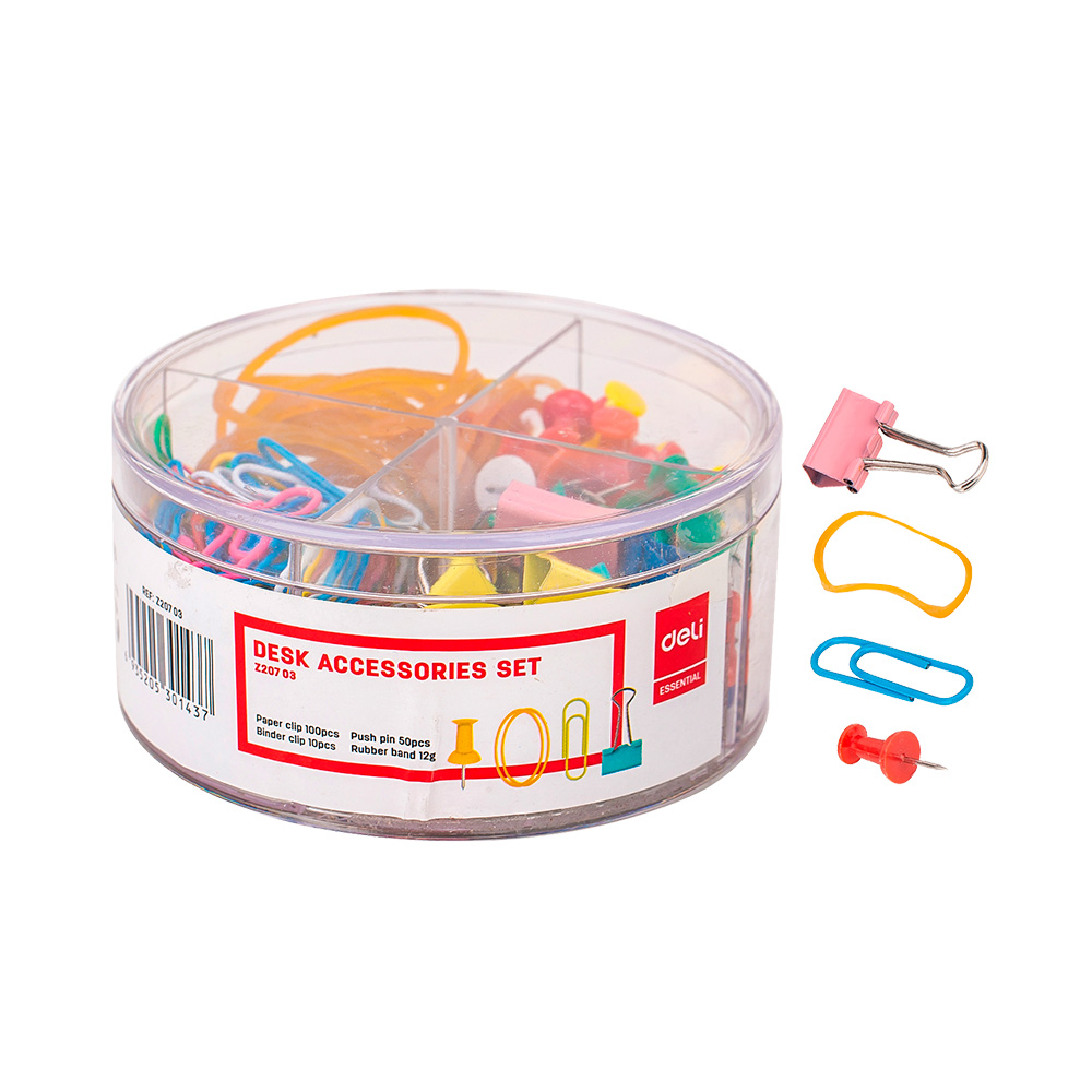 Set Accesorios 100 clips 50 tachuelas 10 Binders 12g de liga Deli *UMV-3 sets*