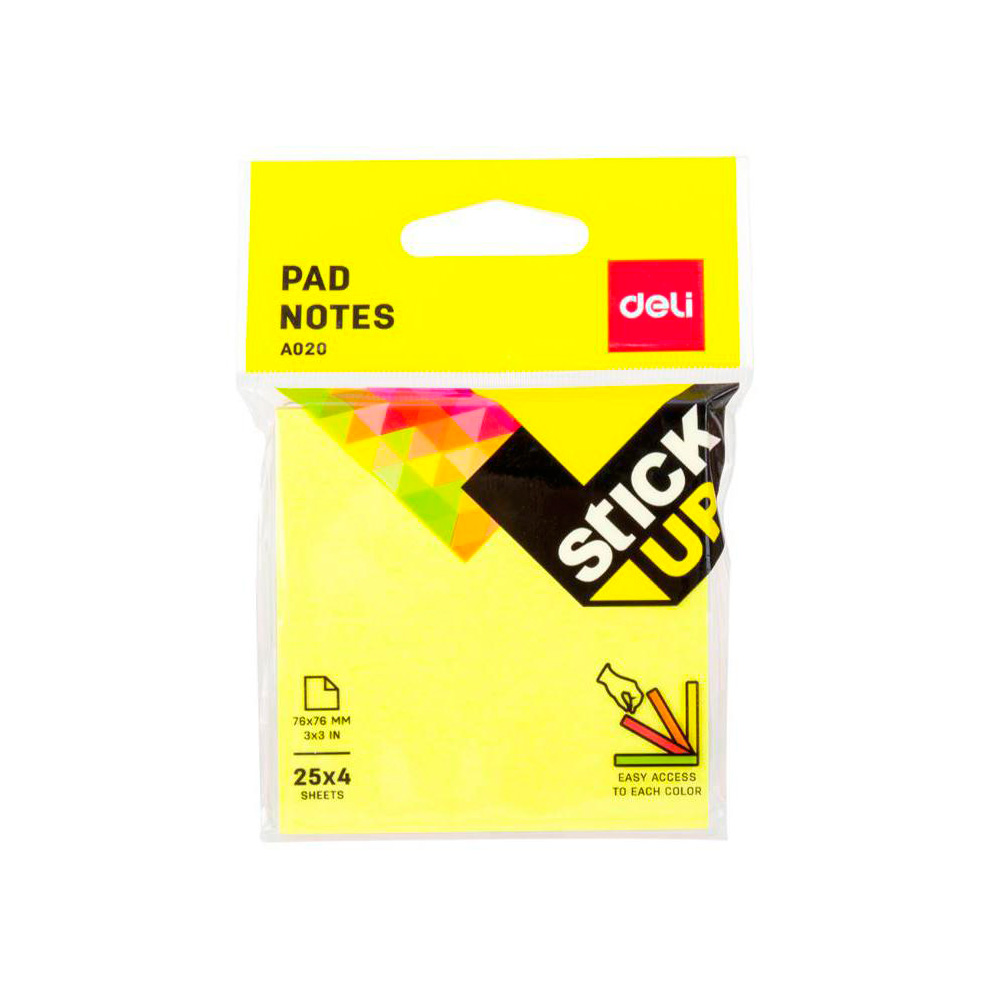 Notas Adhesivas Fluorescente Deli 3×3" Bloque 4x25 *UMV-Inner de 12packs*