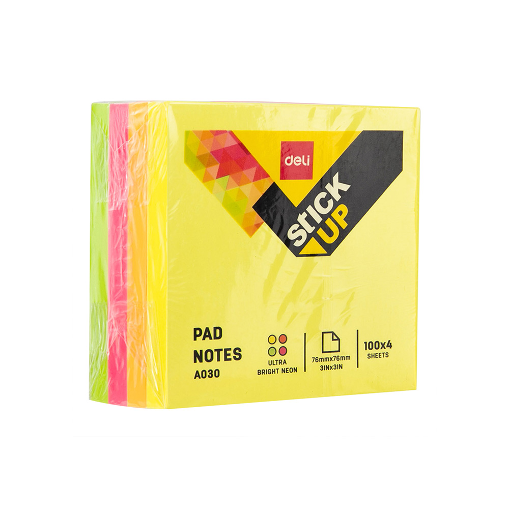 Notas Adhesivas Fluorecentes Deli 3×3" Bloque 4x100 *UMV-Inner de 6und*