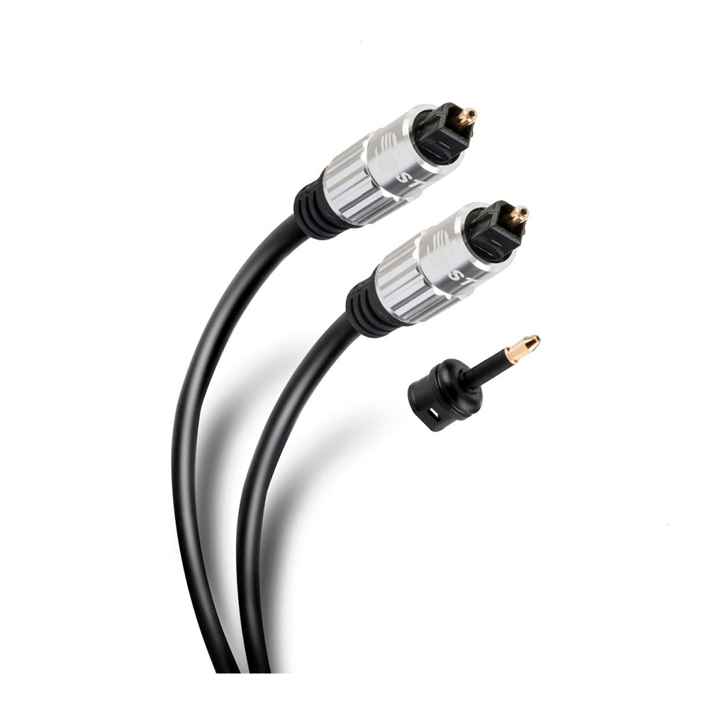 Cable Toslink de fibra óptica Steren c/conector 90º 3m incluye adaptador miniplug