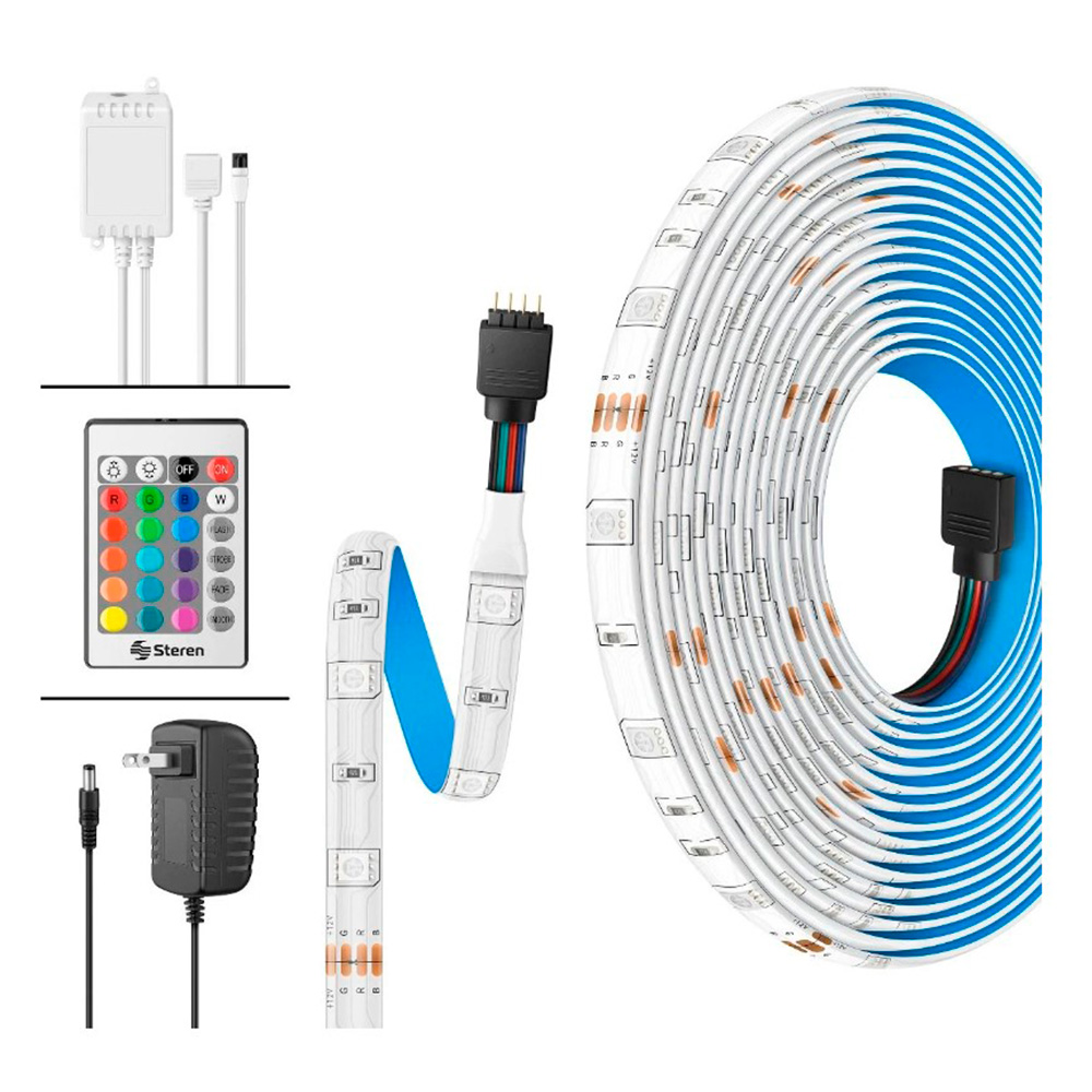 Tira LED multicolor RGB 5m Steren control remoto y transformador incluido