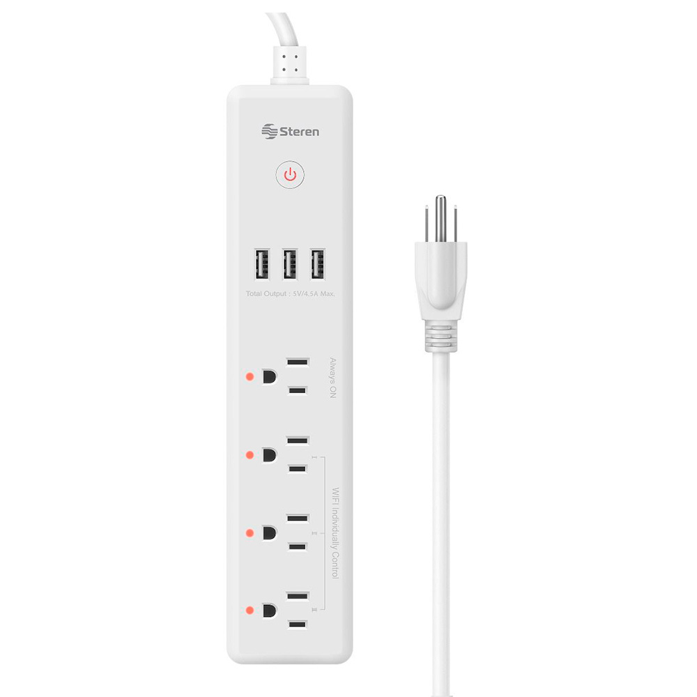 Enchufe Tomacorriente Inteligente Wifi Steren 4 tomas y triple cargador USB