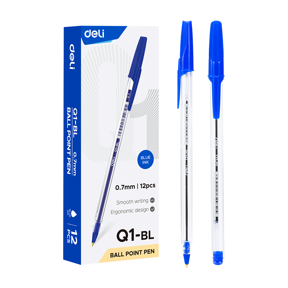 Bolígrafo azul extra suave c/tapa Deli 0.7mm *UMV-1 caja de 12und*