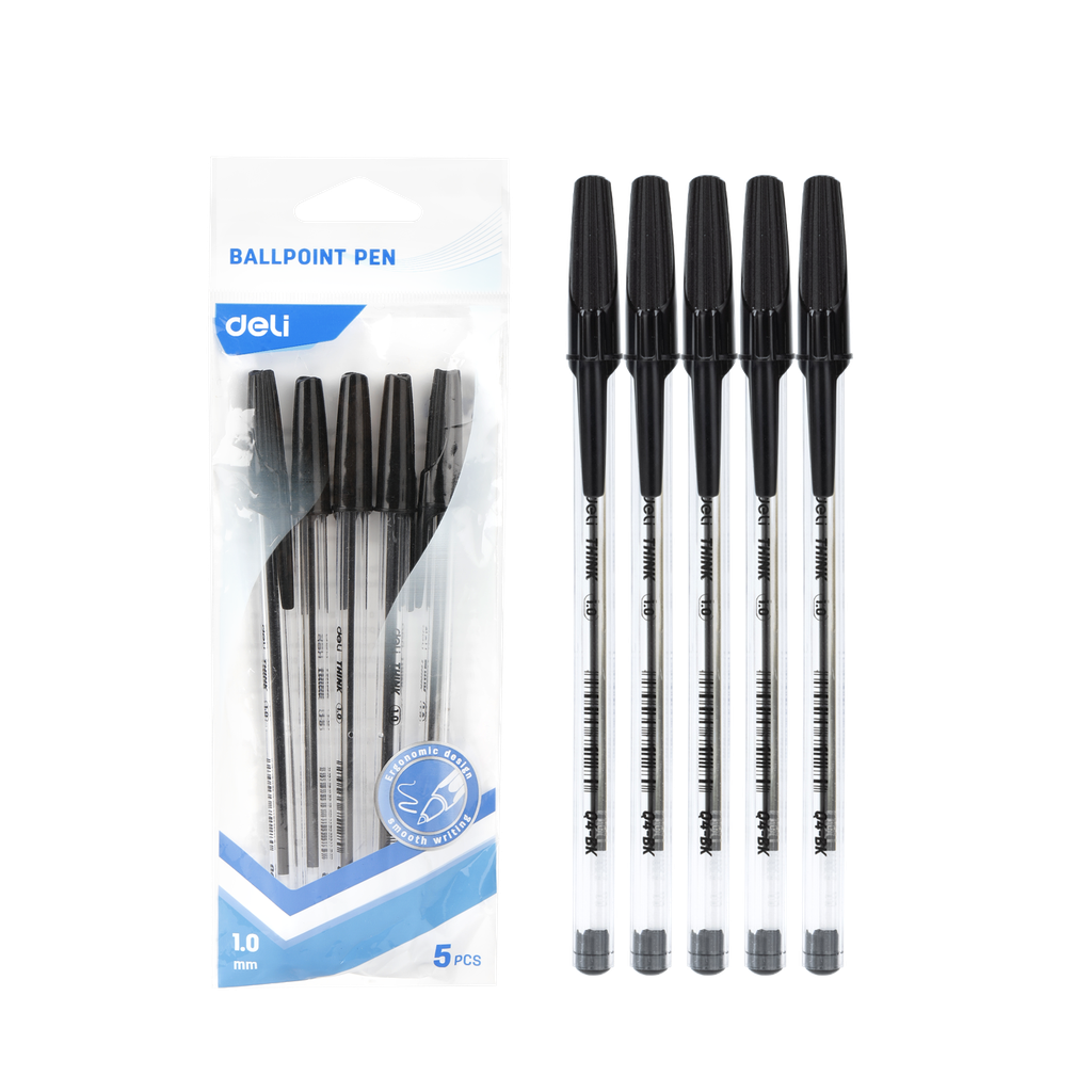 Bolígrafo negro extra Suave con tapa Deli 1mm *UMV-1 bolsa de 5und*