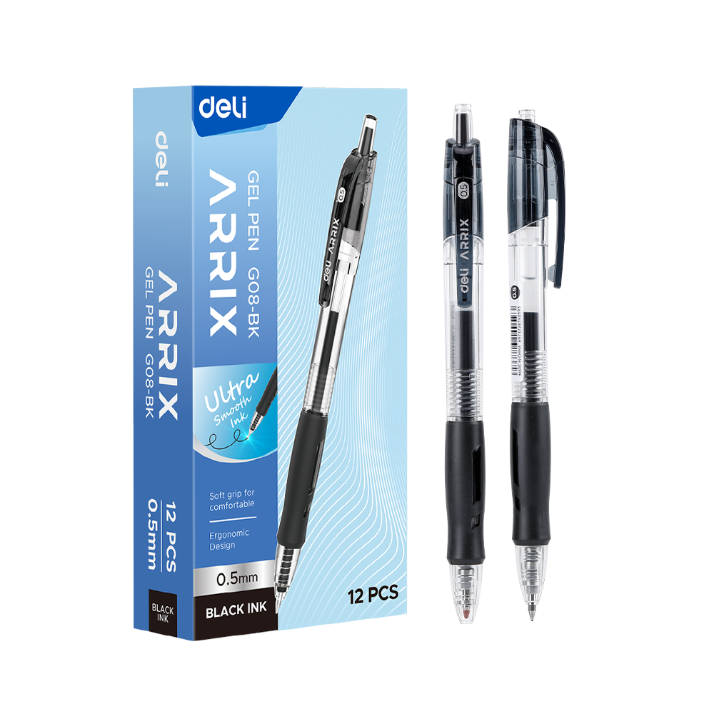 Bolígrafo negro de gel c/grip retráctl Arrix - Deli *UMV-1 caja de 12und*