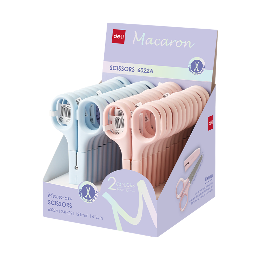 Tijera Escolar Macaron 122mm Azul/Rosado c/Protección Deli *UMV- Display 12 und*